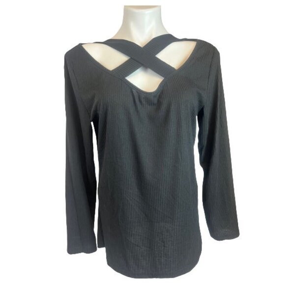 Shein Curve Black Ribbed Cross Over Neck Long Sleeve T-Shirt 1XL - Picture 1 of 2